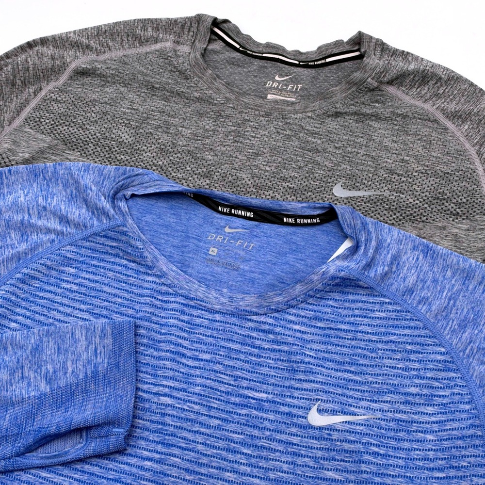 Nike Running Dri-FIT Long Sleeve Shirt Lot of 2 Gray Blue XL Thumbholes Mens